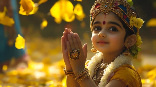 Devotional child in ornate attire under golden petals.