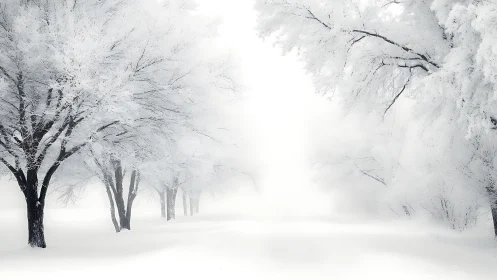 Snow-laden deciduous trees recede into a high-key winter mist
