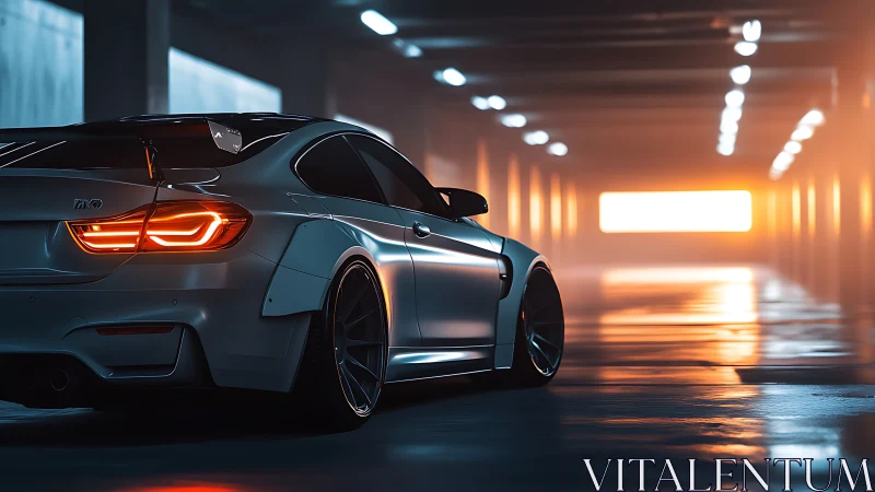Silver sports coupe glows under cinematic tunnel sunset.