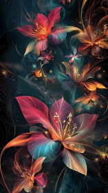 Luminous fantasy flowers drifting through a dreamy night sky.