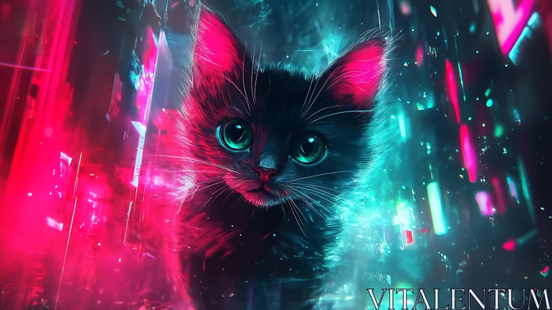 Neon-eyed cyber kitten amid glowing city shards.
