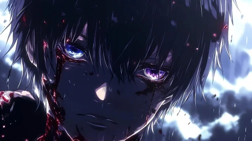 Dual-colored anime eyes in rain-soaked, bloodstained portrait