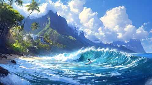 Surfer carving a turquoise barrel before lush volcanic cliffs