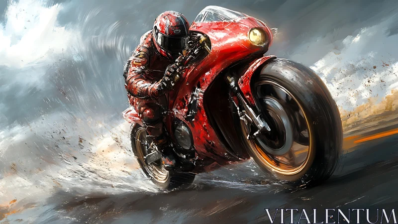 Red superbike racer slashes through stormy speed and spray.