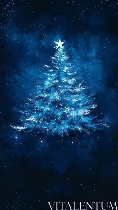 Celestial blue Christmas tree under a radiant starry sky.