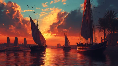 Sunstruck river caravans drifting through firelit clouds.