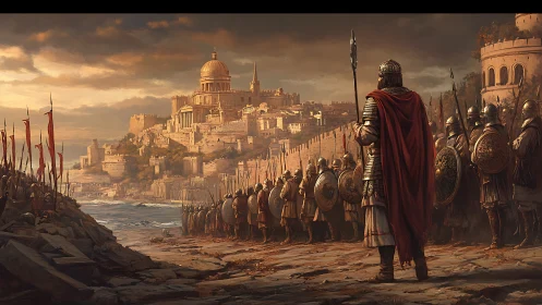 Crimson cloaks and bronze shields before a waiting citadel.