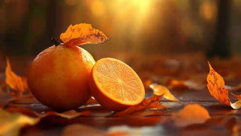 Orange still life glows under golden autumn sunlight.