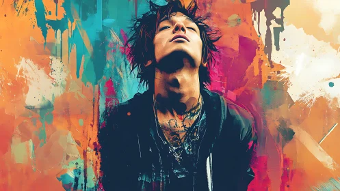 Portrait of defiant youth against abstract graffiti color field