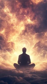 Peaceful figure meditating in glowing dreamlike clouds.