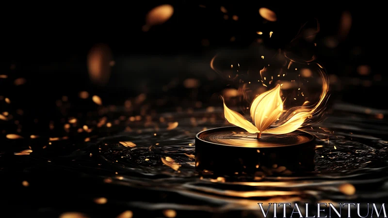 Golden flame petals glow gently atop rippling dark water