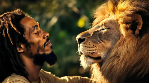 Man with dreadlocks and lion in warm golden side light.