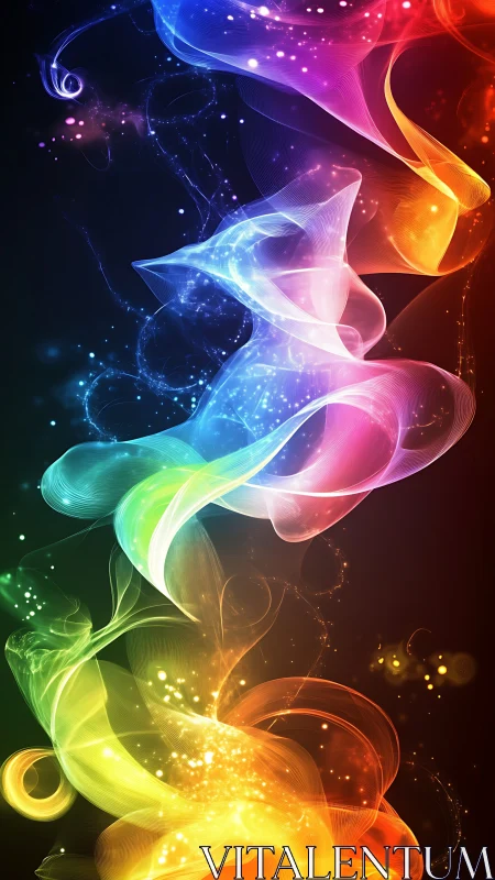 Colorful light ribbons twist vertically against dark background.