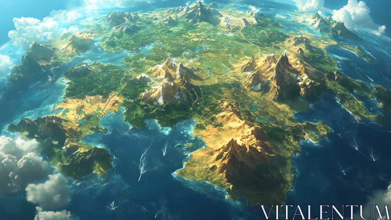 Aerial Fantasy Continent with Mountains and Tropical Waters.