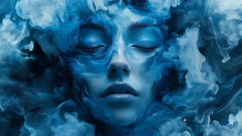 Ethereal blue portrait immersed in swirling digital clouds.