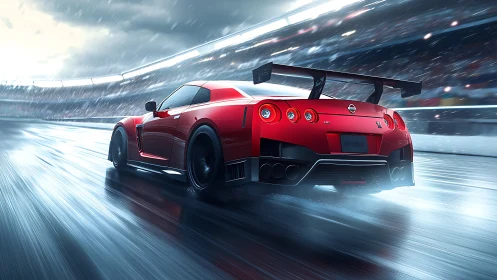 Red racing supercar powers through wet futuristic circuit