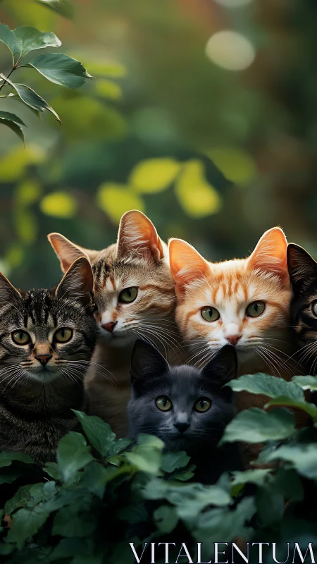 Four Cats Among Verdant Foliage with Selective Focus Bokeh