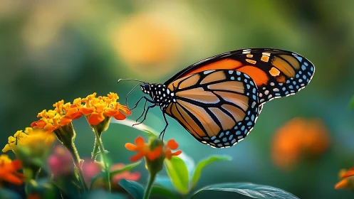 Macro study of monarch butterfly wing pattern on orange blossoms