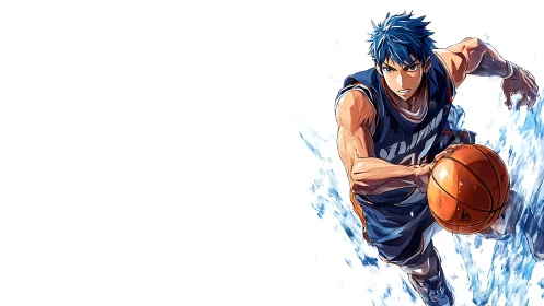 Blue-haired anime point guard slicing through painted motion.