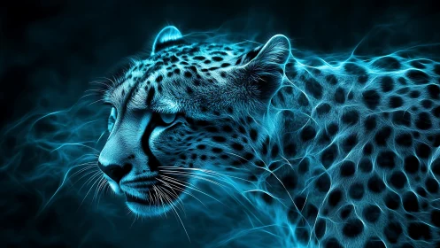 Leopard rendered with electric blue luminescent effects.