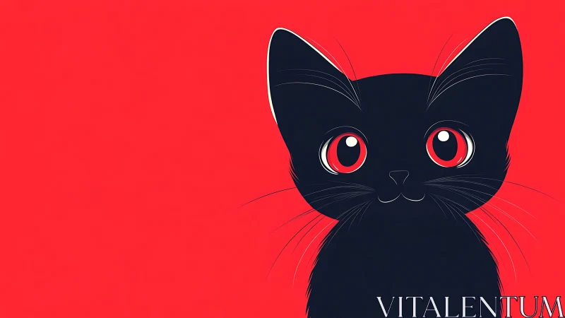 Black Cat with Crimson Eyes Against Vibrant Red Background Illustration