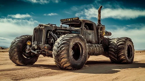 Post‑apocalyptic desert monster truck with oversized tractor tires