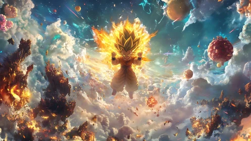 Explosive cosmic warrior ascends amid incandescent nebulae