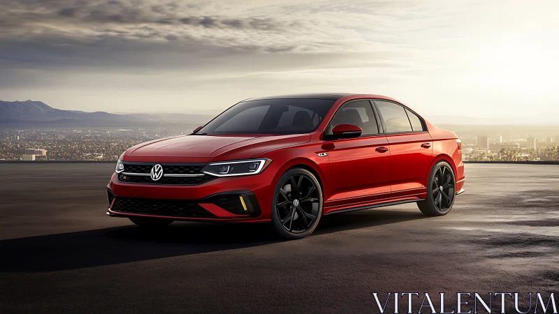 Sleek red sedan soaking up golden city edge sunlight.