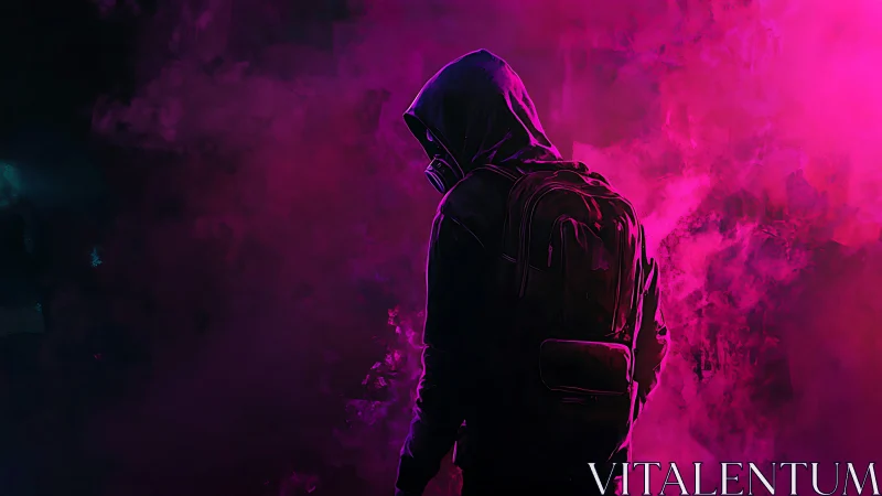 Hooded figure walks through neon pink urban mist at night