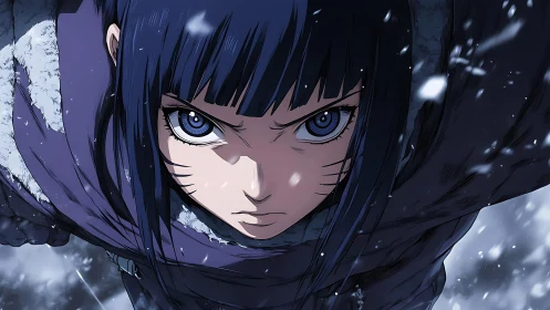 Intense blue eyed anime girl in close up winter action shot.