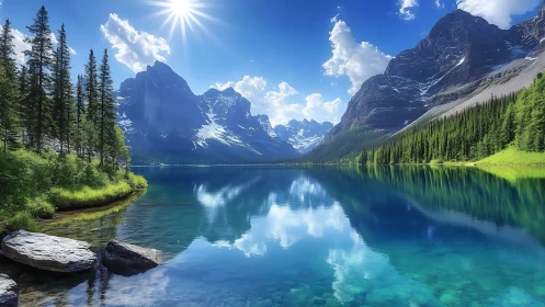 Alpine lake panorama reflects sunlit conifer ridgeline and peaks
