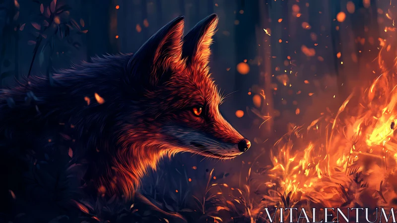 Fox watches rising forest fire under vivid ember glow.