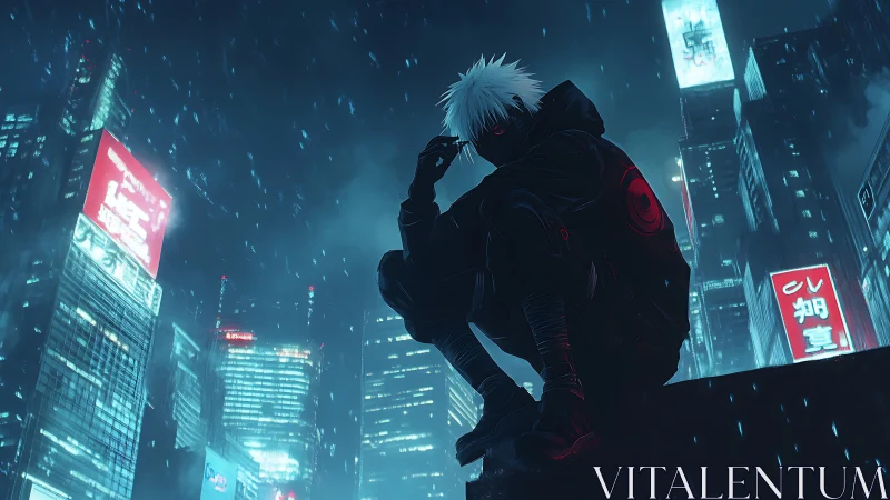 Neon-cloaked rooftop sentinel in rain-soaked cyber city night.