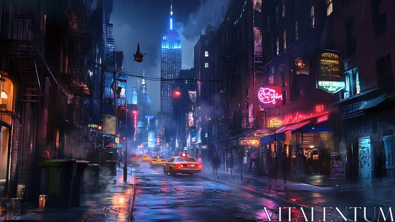 Neon lit rainy city street with distant modern skyline at night.