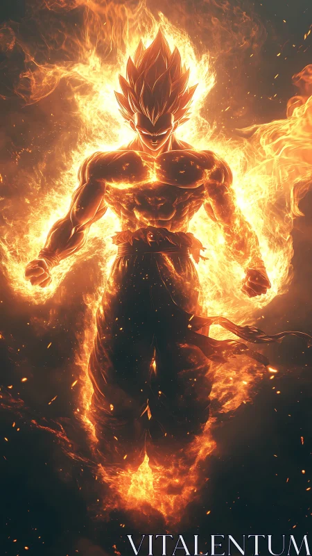Fiery anime warrior stands engulfed in intense orange flames