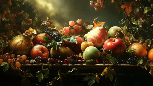 Baroque still life of autumn fruits with grapes and foliage