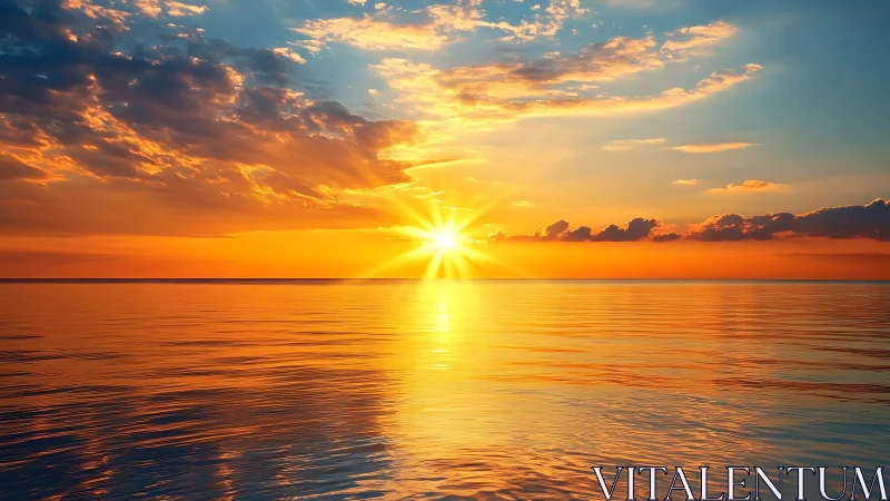 Sunset sun touches calm ocean horizon under bright clouds