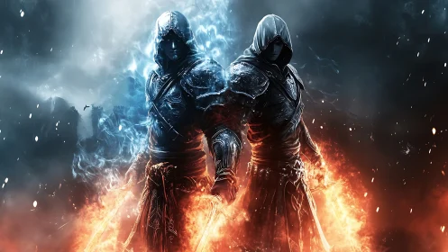 Twin hooded warriors channel elemental fire and frost power.