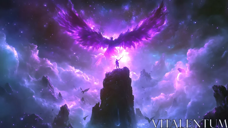 Celestial summit hero confronts vast luminous phoenix wings