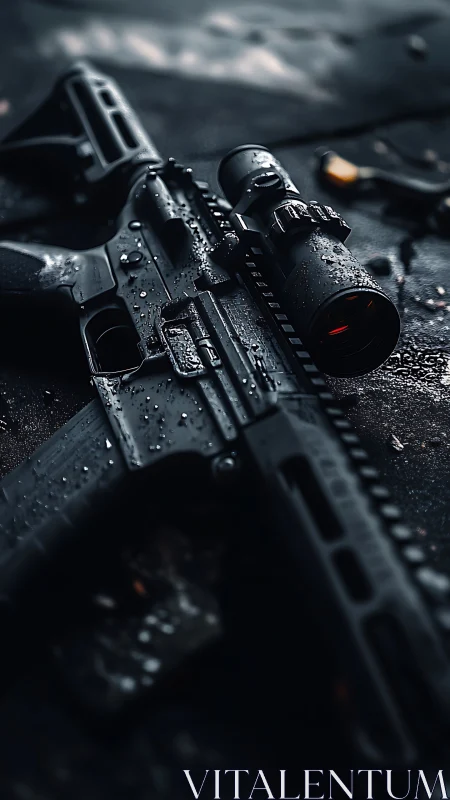 Tactical rifle with optical scope glistens with combat readiness