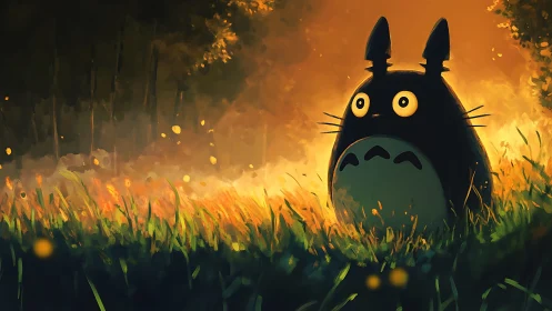 Forest spirit character in glowing sunset field scene.