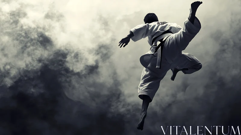 Dynamic martial artist soaring in mist filled skyscape.