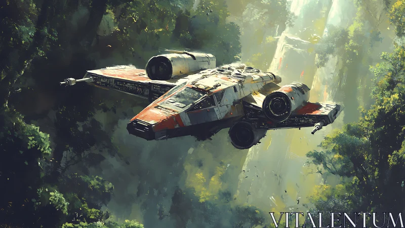 Battle-scarred starfighter skims dense sunlit jungle gorge