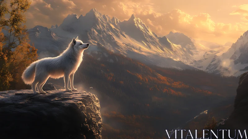 White wolf surveys vast autumn valley beneath glowing peaks