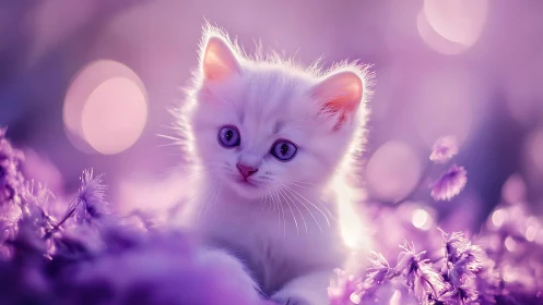 Enchanted white kitten gazes through a magical purple garden