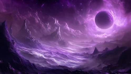 Violet extraterrestrial landscape under eclipsed gas giant glow