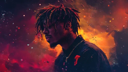 Side-lit digital portrait merges neon bokeh with cosmic haze