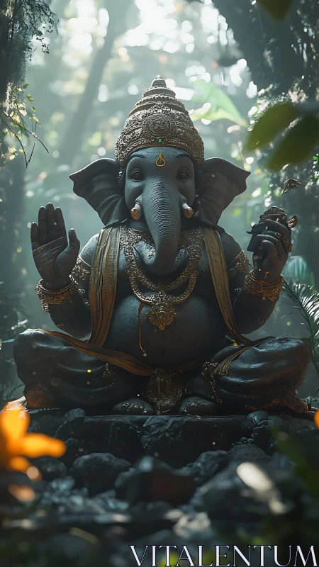 Sacred Ganesha idol illuminated by mystical jungle light.