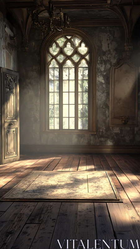 Gothic interior study with stained glass window and light field.