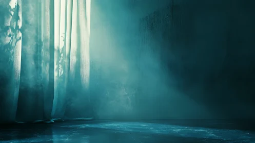Volumetric light penetrates sheer curtains in a misty room